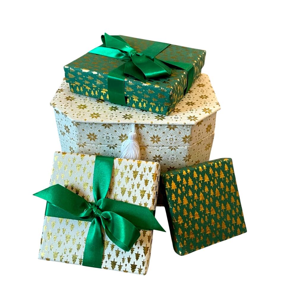 Christmas Gift Boxes w/ Lids Ribbon 4pc Premium Holiday Gift Wrap Green Gold NEW